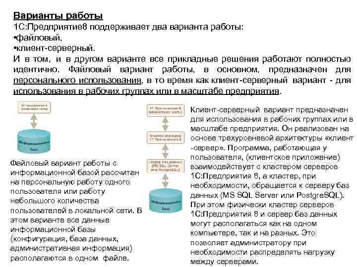 Варианты работы 1 С: Предприятие 8 поддерживает два варианта работы: • файловый, • клиент-серверный.