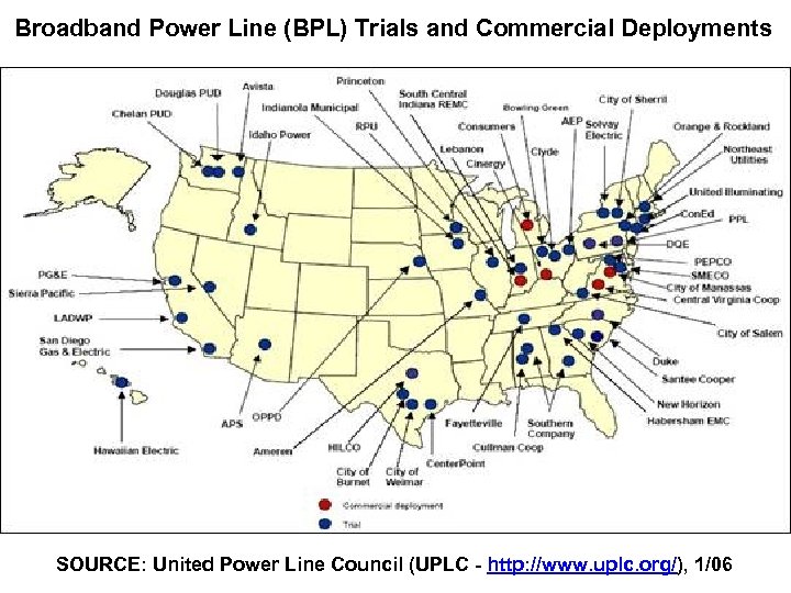 Broadband Power Line (BPL) Trials and Commercial Deployments SOURCE: United Power Line Council (UPLC