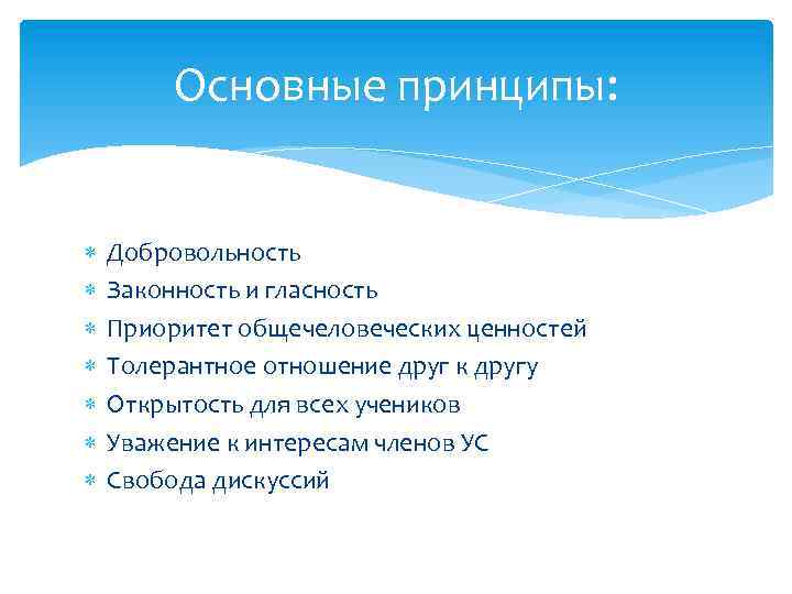 Основные принципы: Добровольность Законность и гласность Приоритет общечеловеческих ценностей Толерантное отношение друг к другу