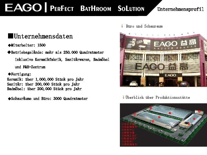 Unternehmensprofil ↓ Büro und Schauraum ■Unternehmensdaten ◆Mitarbeiter: 1500 ◆Betriebsgelände: mehr als 250. 000 Quadratmeter