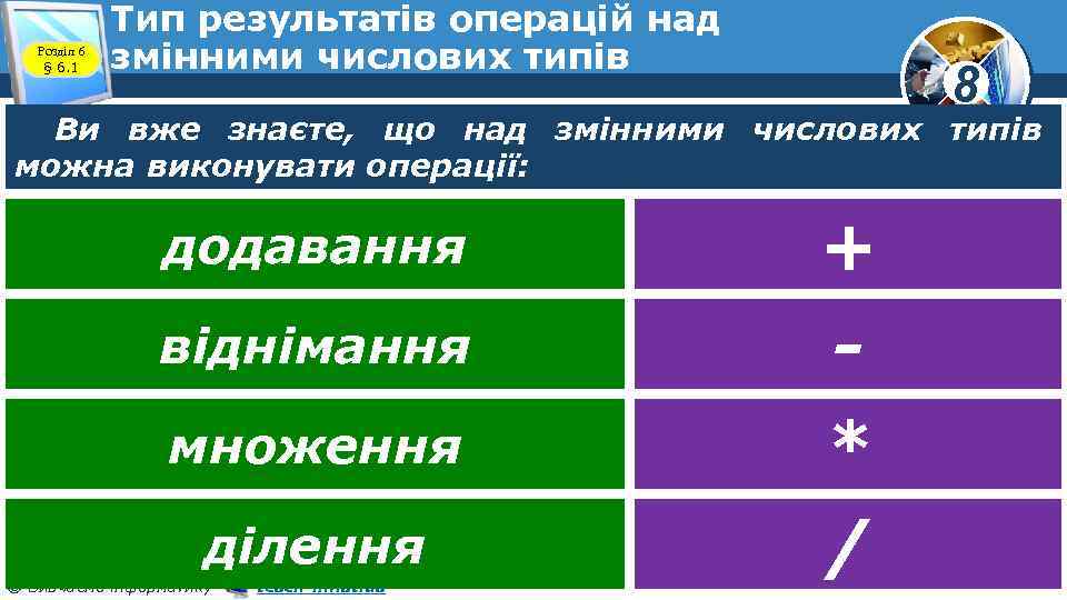 Розділ 6 § 6. 1 Тип результатів операцій над змінними числових типів 8 Ви