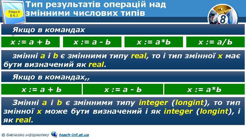 Розділ 6 § 6. 1 Тип результатів операцій над змінними числових типів Якщо в
