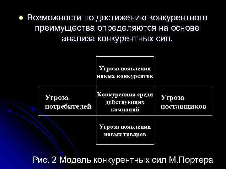 l Возможности по достижению конкурентного преимущества определяются на основе анализа конкурентных сил. Угроза появления
