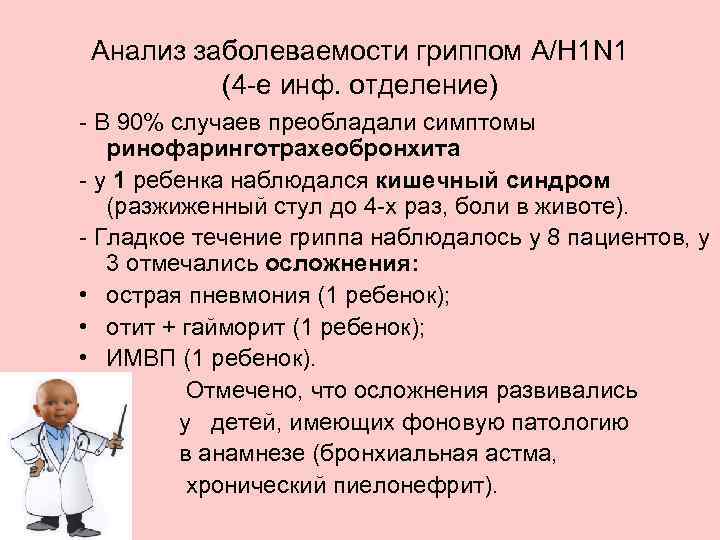 Анализ заболеваемости гриппом A/H 1 N 1 (4 -е инф. отделение) - В 90%