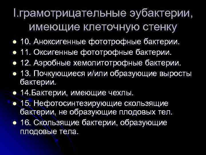 I. грамотрицательные эубактерии, имеющие клеточную стенку l l l l 10. Аноксигенные фототрофные бактерии.