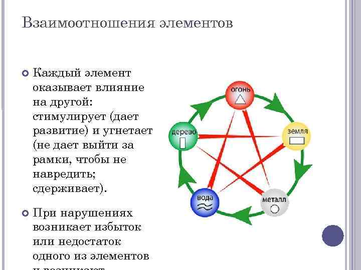 Взаимоотношения элементов Каждый элемент оказывает влияние на другой: стимулирует (дает развитие) и угнетает (не