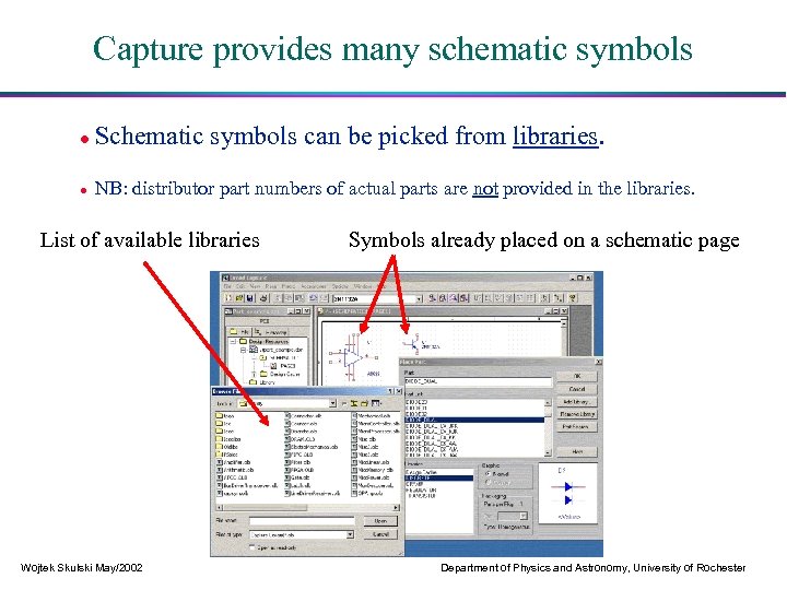 Capture provides many schematic symbols Schematic symbols can be picked from libraries. NB: distributor