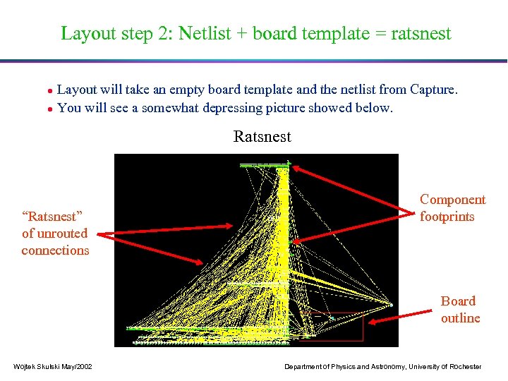 Layout step 2: Netlist + board template = ratsnest Layout will take an empty
