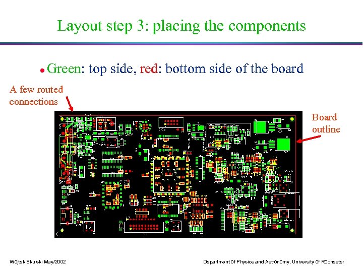 Layout step 3: placing the components Green: top side, red: bottom side of the