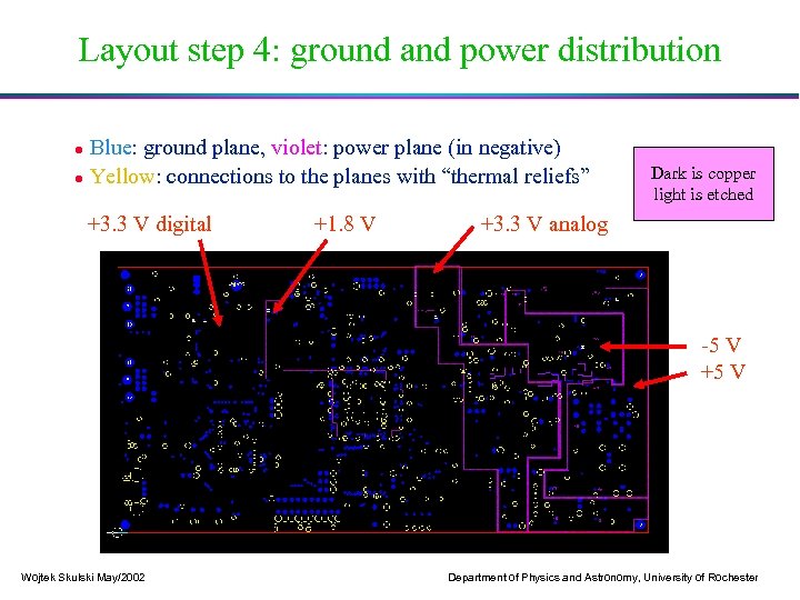Layout step 4: ground and power distribution Blue: ground plane, violet: power plane (in