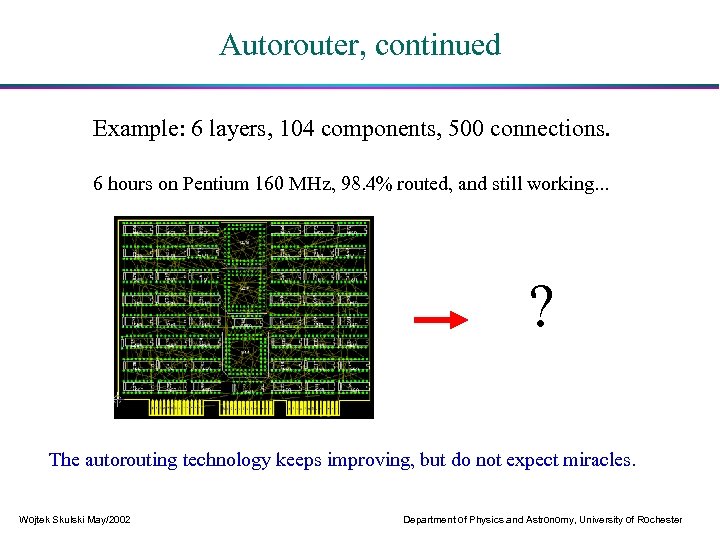 Autorouter, continued Example: 6 layers, 104 components, 500 connections. 6 hours on Pentium 160