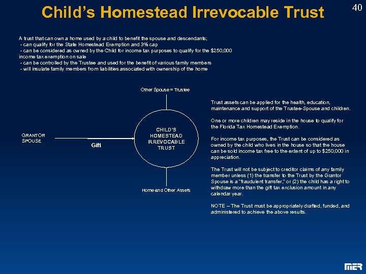 Child’s Homestead Irrevocable Trust A trust that can own a home used by a