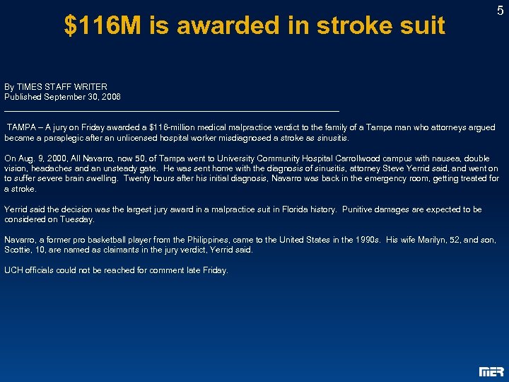 $116 M is awarded in stroke suit 5 By TIMES STAFF WRITER Published September