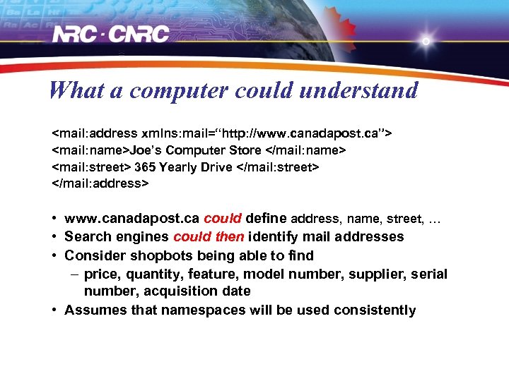 What a computer could understand <mail: address xmlns: mail=“http: //www. canadapost. ca”> <mail: name>Joe’s