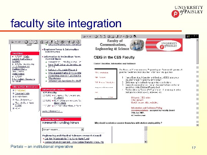 faculty site integration Portals – an institutional imperative 17 