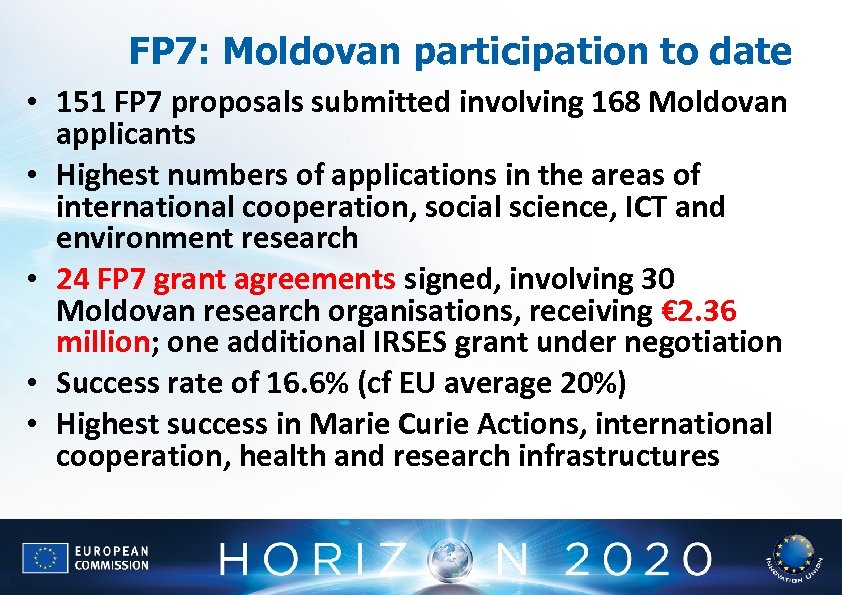 FP 7: Moldovan participation to date • 151 FP 7 proposals submitted involving 168