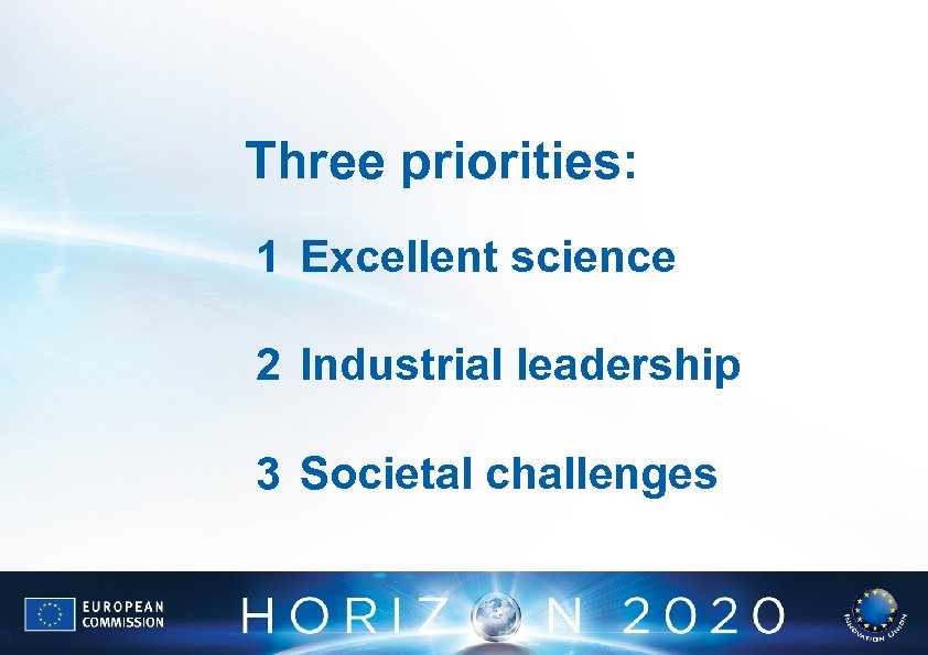 Three priorities: 1 Excellent science 2 Industrial leadership 3 Societal challenges 