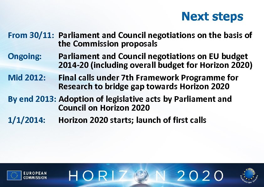 Next steps From 30/11: Parliament and Council negotiations on the basis of the Commission