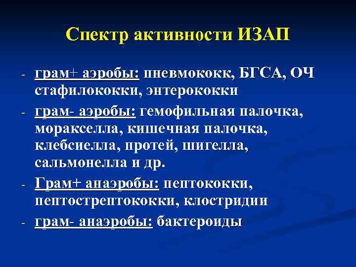 Спектр активности ИЗАП - - грам+ аэробы: пневмококк, БГСА, ОЧ стафилококки, энтерококки грам- аэробы: