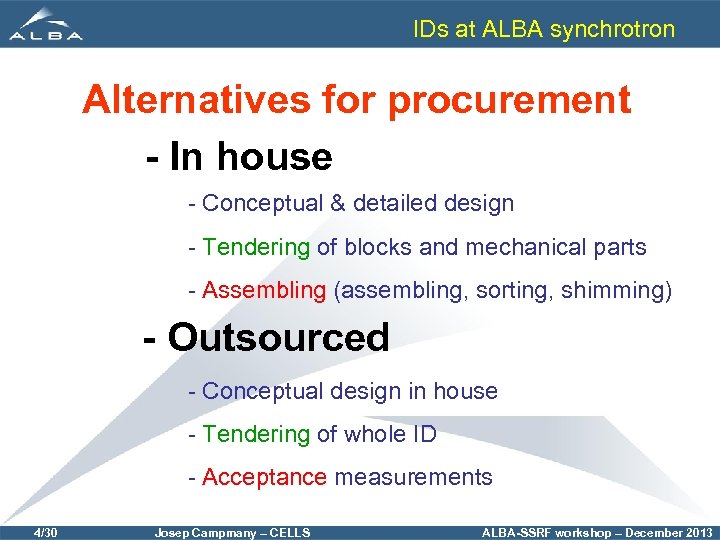 IDs at ALBA synchrotron Alternatives for procurement - In house - Conceptual & detailed