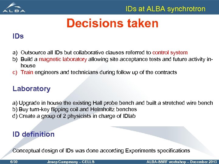 IDs at ALBA synchrotron Decisions taken IDs a) Outsource all IDs but collaborative clauses