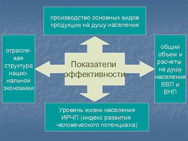 производство основных видов продукции на душу населения отраслевая структура национальной экономики Показатели эффективности Уровень