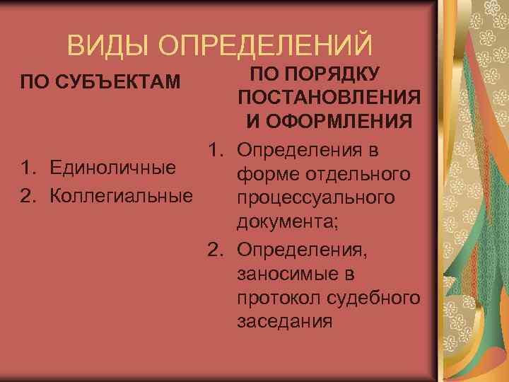 ВИДЫ ОПРЕДЕЛЕНИЙ ПО ПОРЯДКУ ПОСТАНОВЛЕНИЯ И ОФОРМЛЕНИЯ 1. Определения в 1. Единоличные форме отдельного