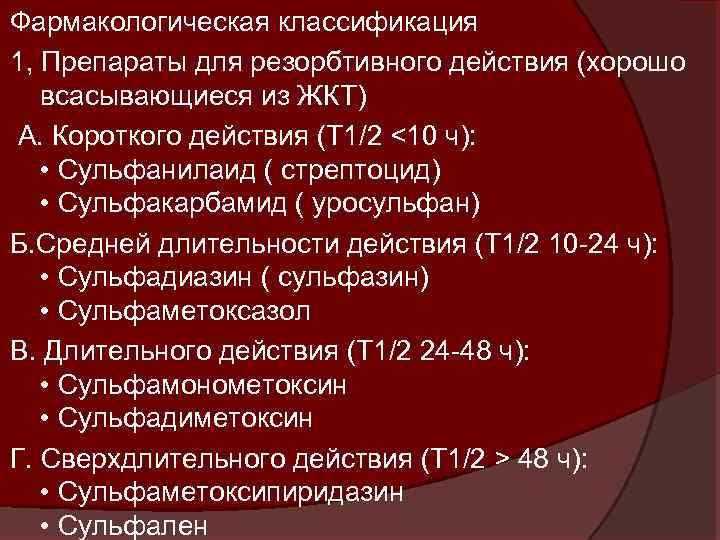 Фармакологическая классификация 1, Препараты для резорбтивного действия (хорошо всасывающиеся из ЖКТ) А. Короткого действия