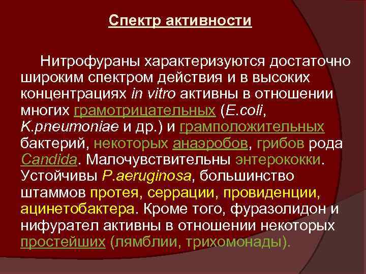 Спектр активности Нитрофураны характеризуются достаточно широким спектром действия и в высоких концентрациях in vitro
