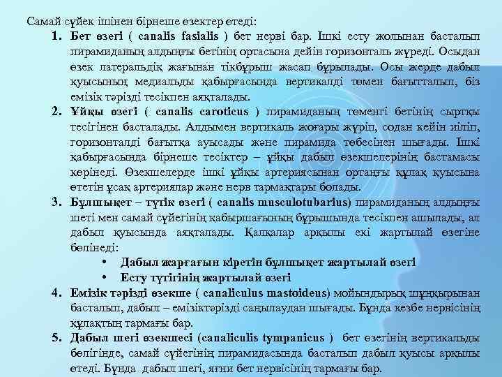 Самай сүйек ішінен бірнеше өзектер өтеді: 1. Бет өзегі ( canalis fasialis ) бет