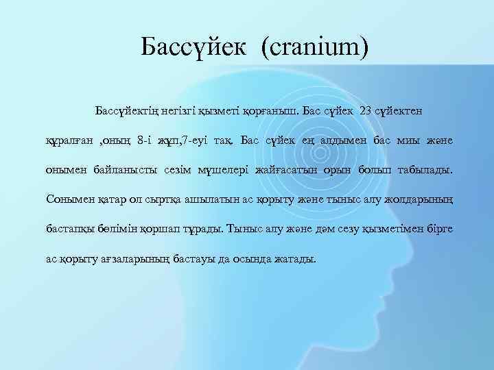 Бассүйек (cranium) Бассүйектің негізгі қызметі қорғаныш. Бас сүйек 23 сүйектен құралған , оның 8