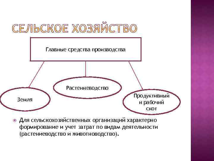 Главные средства производства Растениеводство Земля Продуктивный и рабочий скот Для сельскохозяйственных организаций характерно формирование