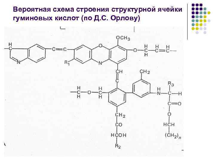 Вероятная схема строения структурной ячейки гуминовых кислот (по Д. С. Орлову) 