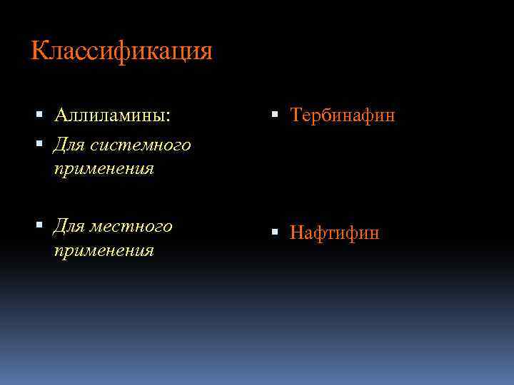 Классификация Аллиламины: Для системного применения Тербинафин Для местного применения Нафтифин 