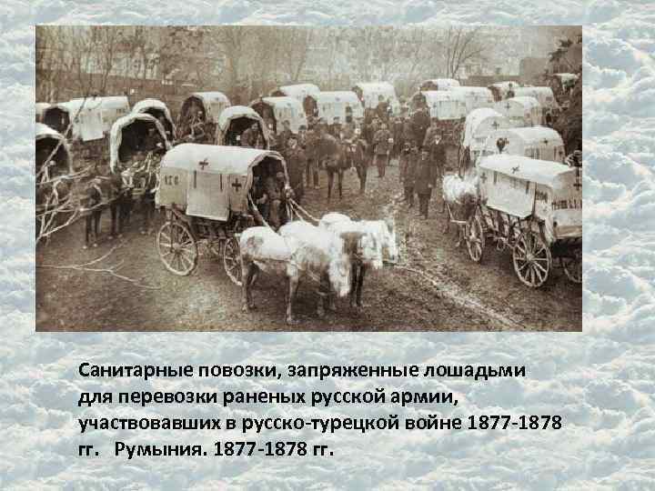 Санитарные повозки, запряженные лошадьми для перевозки раненых русской армии, участвовавших в русско-турецкой войне 1877