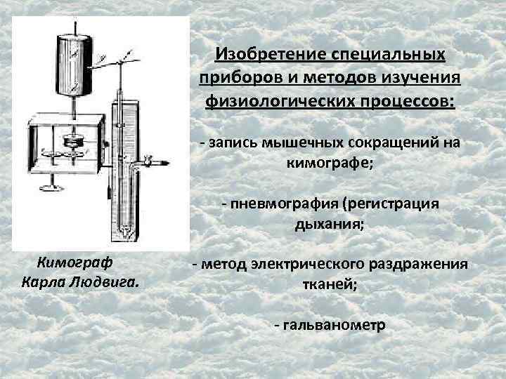 Изобретение специальных приборов и методов изучения физиологических процессов: - запись мышечных сокращений на кимографе;