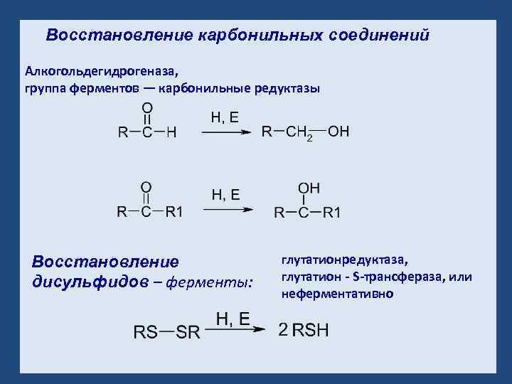 Восстановление карбонильных соединений Алкогольдегидрогеназа, группа ферментов — карбонильные редуктазы Восстановление дисульфидов – ферменты: глутатионредуктаза,