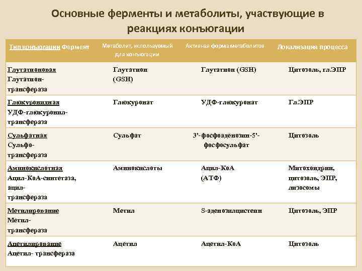 Какие ферменты участвуют. Реакции конъюгации катализируют ферменты класса. Основные ферменты и метаболиты участвующие в конъюгации. Общая характеристика ферментов. Основные типы ферментов катализирующих реакции конъюгации.