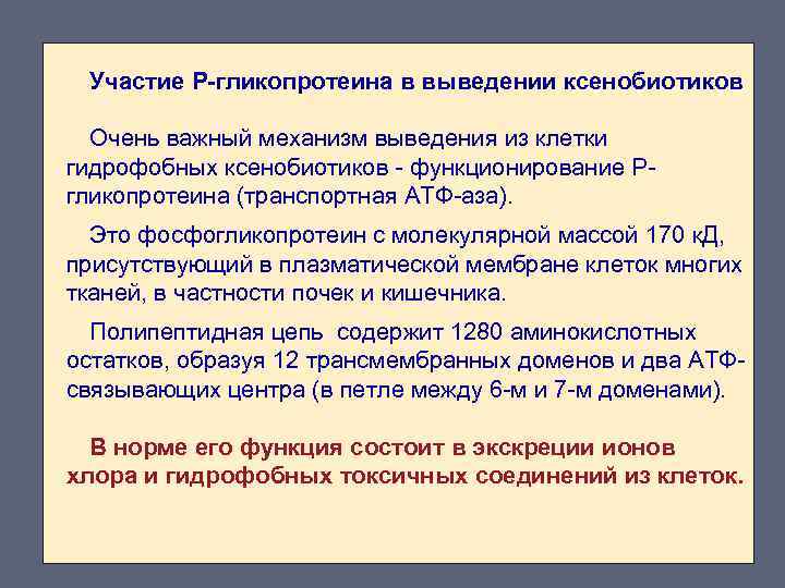 Участие Р-гликопротеина в выведении ксенобиотиков Очень важный механизм выведения из клетки гидрофобных ксенобиотиков -