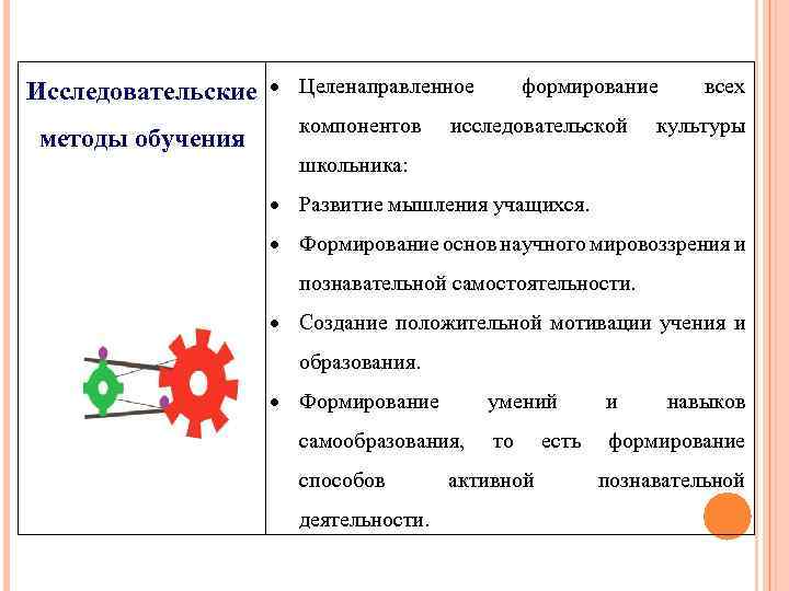 Исследовательские Целенаправленное методы обучения компонентов формирование исследовательской всех культуры школьника: Развитие мышления учащихся. Формирование