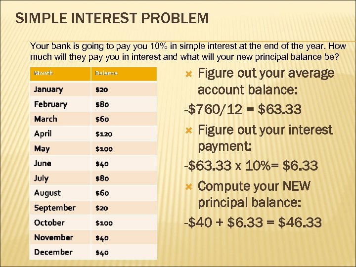 SIMPLE INTEREST PROBLEM Your bank is going to pay you 10% in simple interest