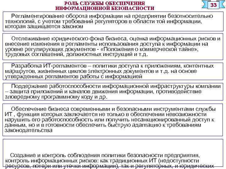 РОЛЬ СЛУЖБЫ ОБЕСПЕЧЕНИЯ ИНФОРМАЦИОННОЙ БЕЗОПАСНОСТИ 33 Регламентирование оборота информации на предприятии безотносительно технологий, с