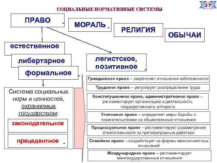 37 СОЦИАЛЬНЫЕ НОРМАТИВНЫЕ СИСТЕМЫ ПРАВО МОРАЛЬ РЕЛИГИЯ ОБЫЧАИ естественное либертарное формальное Система социальных норм