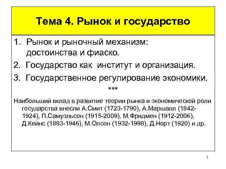 Тема 4. Рынок и государство 1. Рынок и рыночный механизм: достоинства и фиаско. 2.