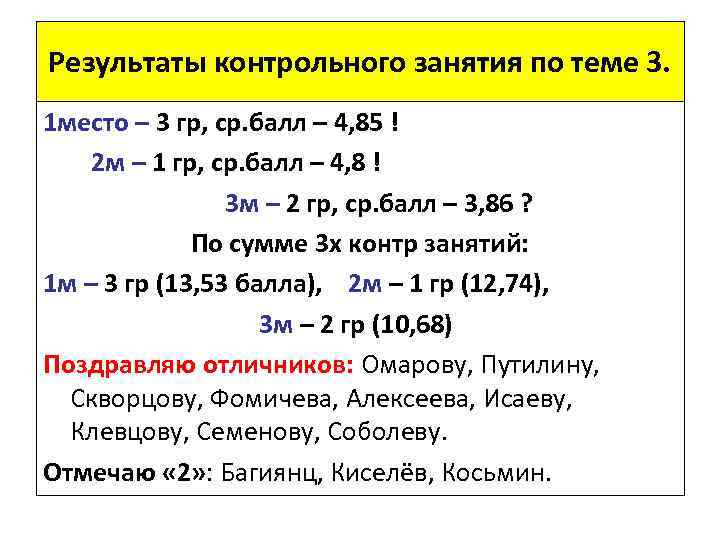 Результаты контрольного занятия по теме 3. 1 место – 3 гр, ср. балл –