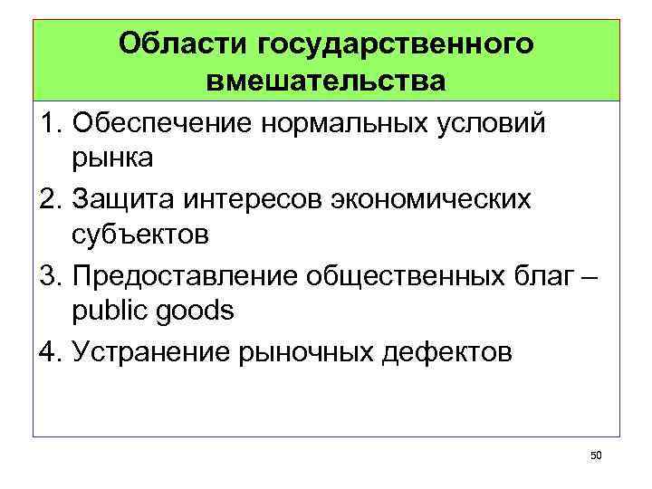 Области государственного вмешательства 1. Обеспечение нормальных условий рынка 2. Защита интересов экономических субъектов 3.