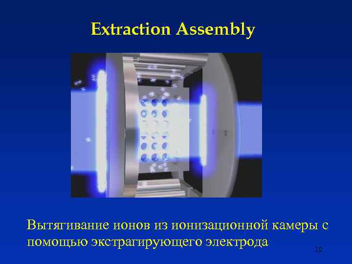 Extraction Assembly Вытягивание ионов из ионизационной камеры с помощью экстрагирующего электрода 10 