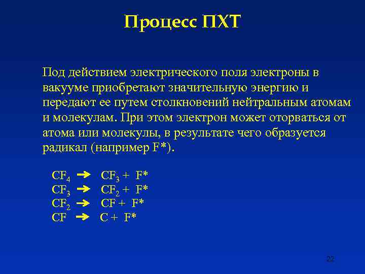 Процесс ПХТ Под действием электрического поля электроны в вакууме приобретают значительную энергию и передают