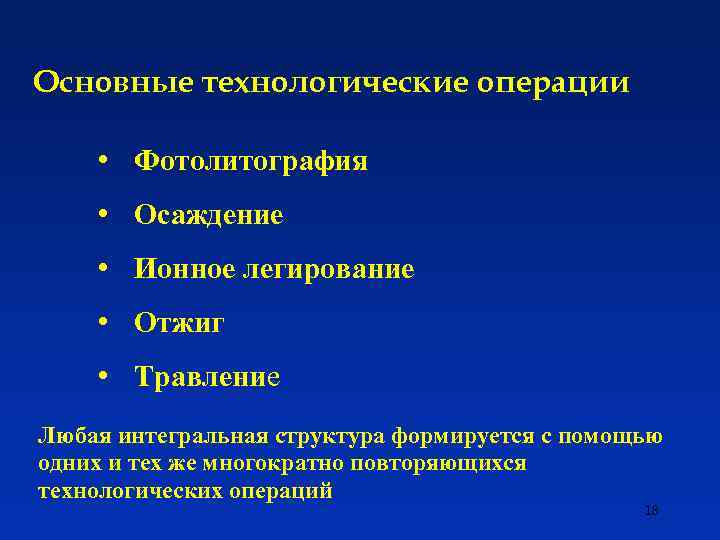 Основные технологические операции • Фотолитография • Осаждение • Ионное легирование • Отжиг • Травление