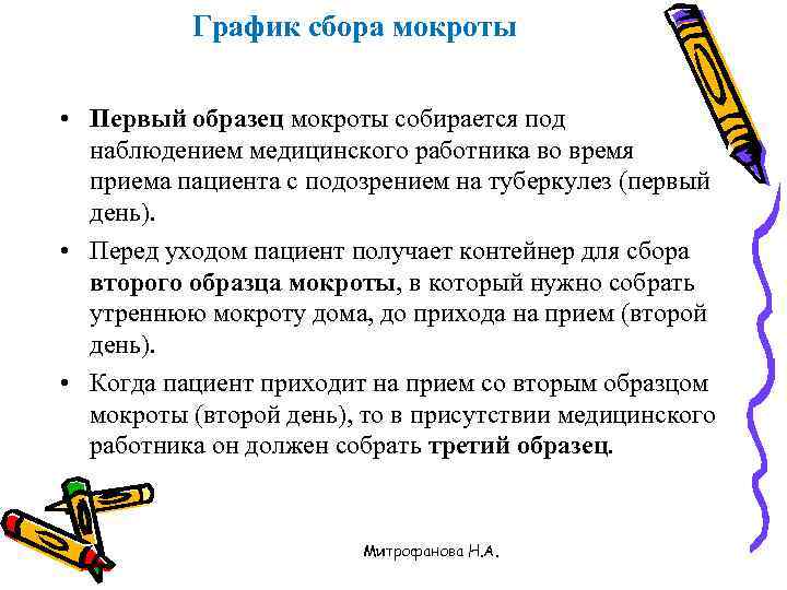 График сбора мокроты • Первый образец мокроты собирается под наблюдением медицинского работника во время